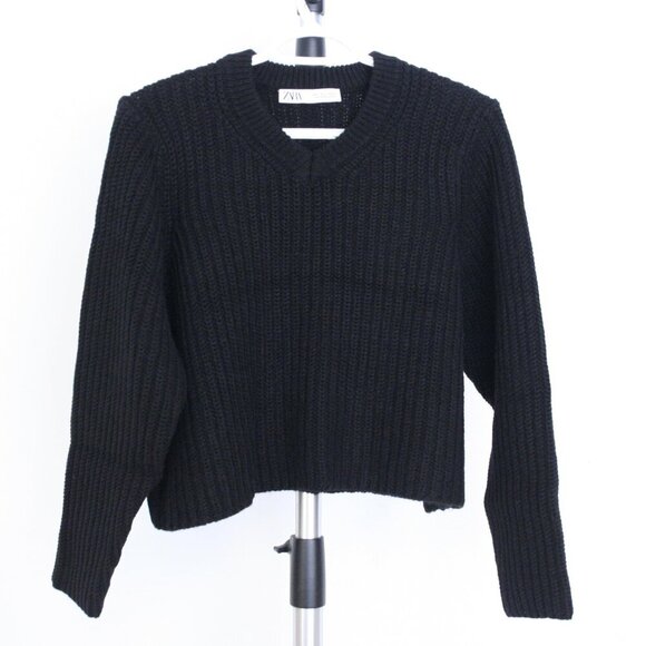 Zara Black Rib Knit V-Neck‎ Oversize Crop Sweater Sz M - Picture 1 of 10